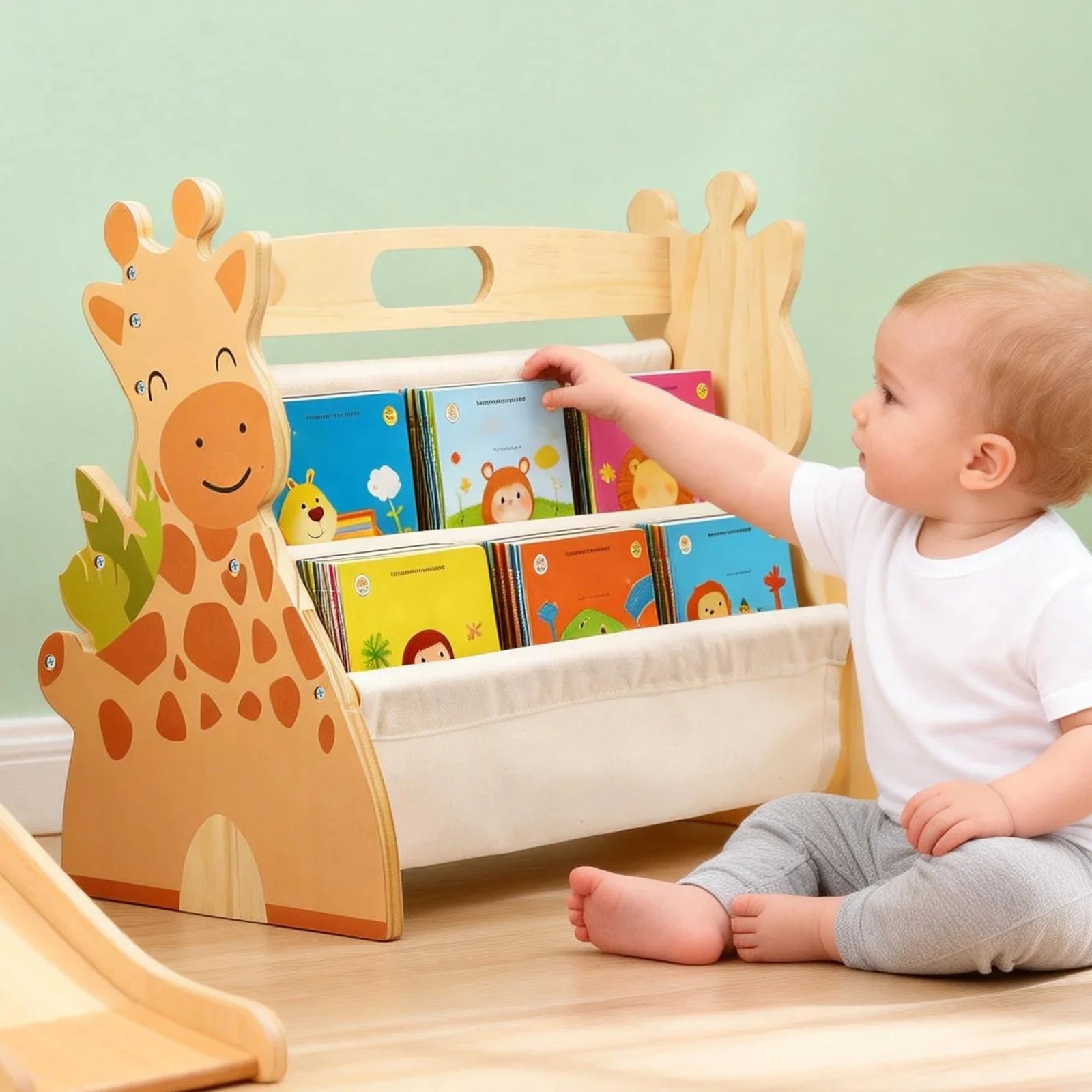 2 Tier Baby Bookshelf Double Sided Storage Montessori Wood Book Rack for Baby Nursery Room Playroom Classroom and Bedroom Decor