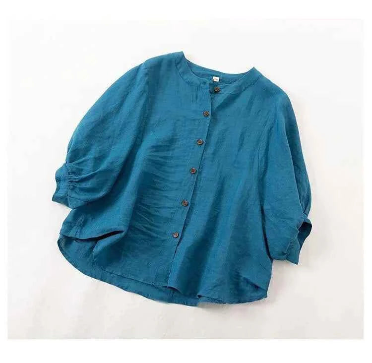 Cotton and linen shirt women's spring and summer thin solid color lantern sleeve stand collar top loose large size shirt