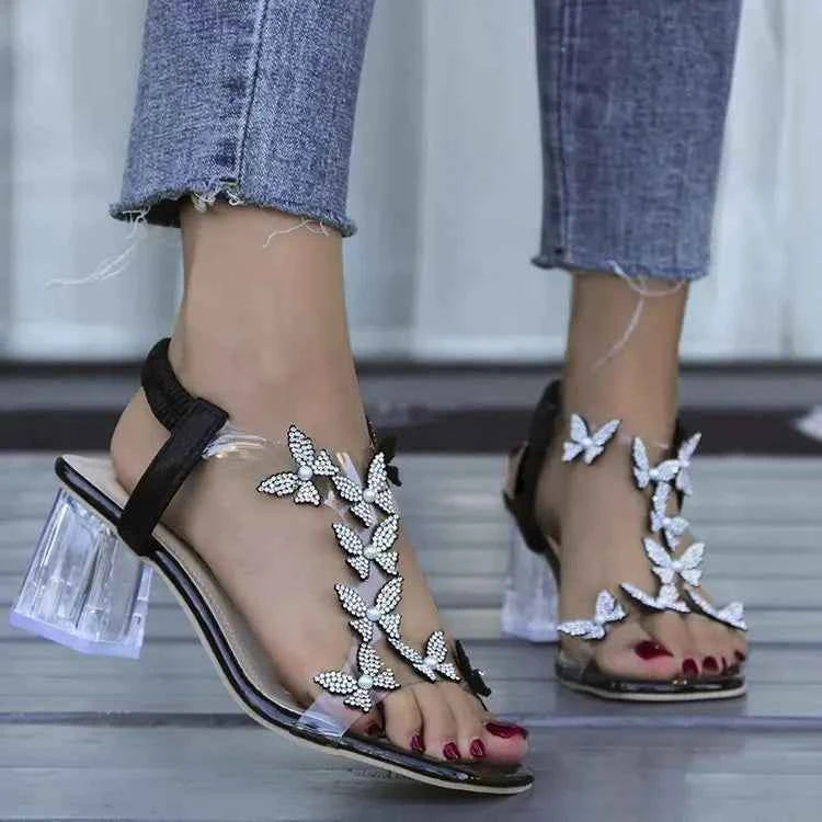 2024 Summer Rhinestone Butterfly Sandals, New Crystal and Fashion Transparent High Heels, Casual Street Women's Shoes