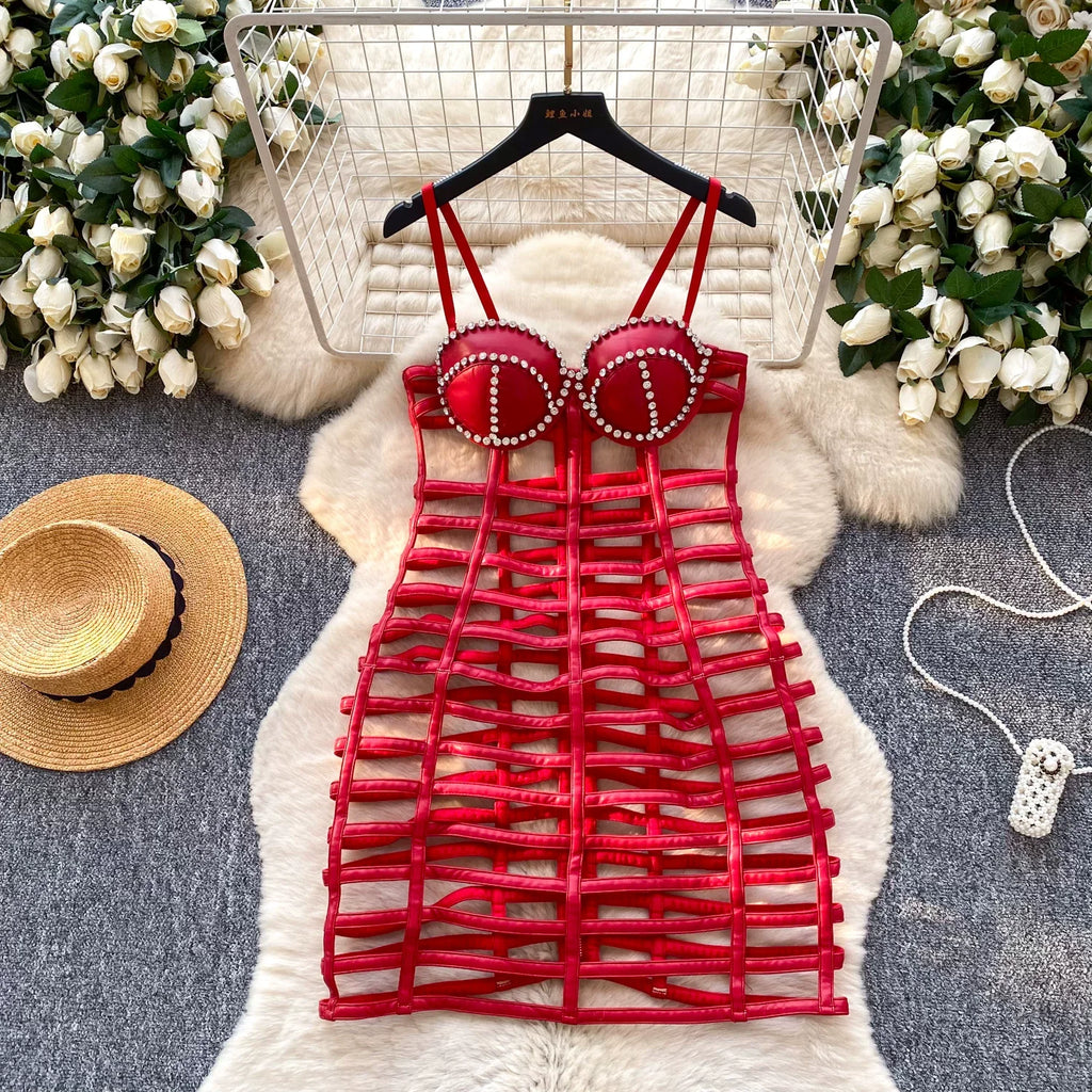 Vintage Hollow Out Elegant Rhinestone Chic Sleeveless Slim Straps Dresses Korean Fashion Evening Party Women Summer Clothing