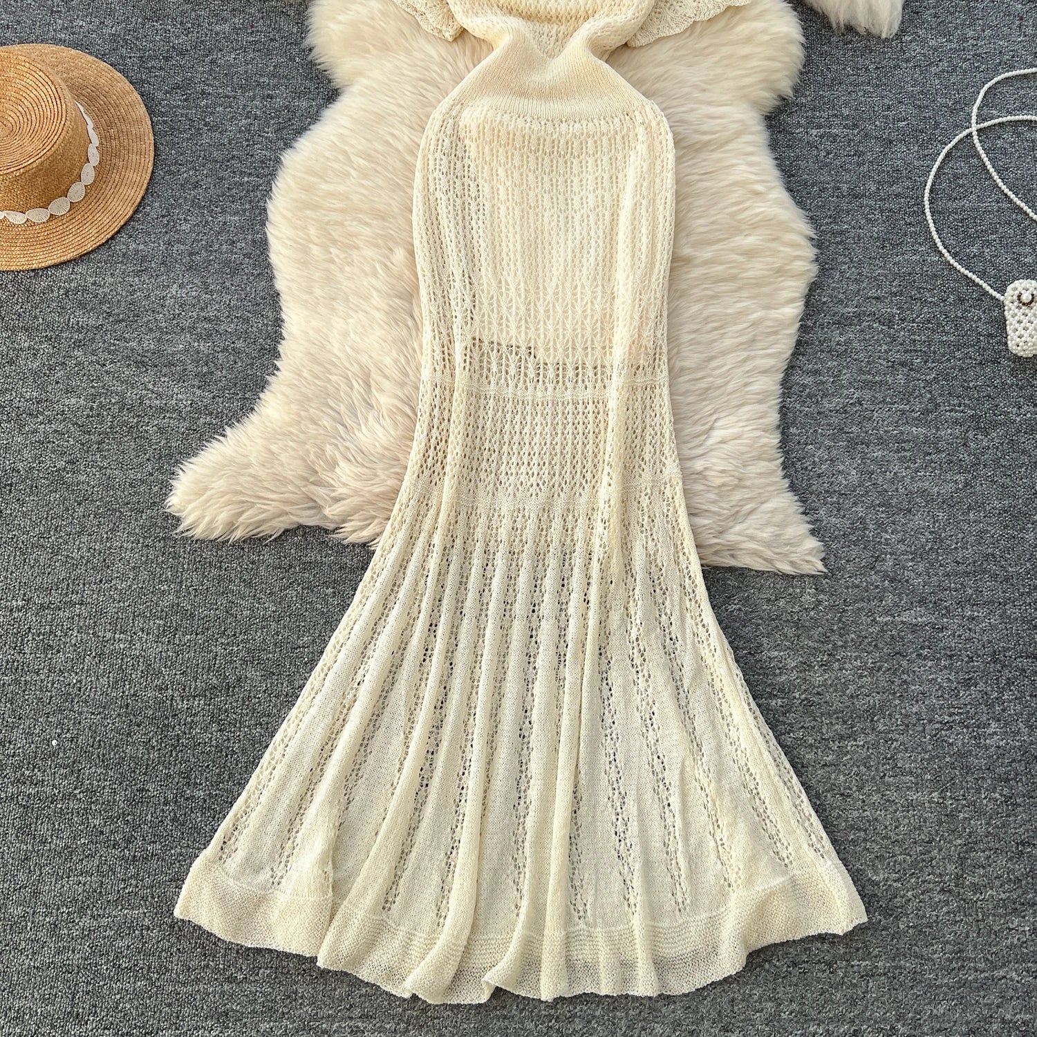 Women Hollow Knitted Dress Summer Flower Short Sleeved Fishtail Bodycon Dress with Camisole Dresses Vintage Party Long Robe