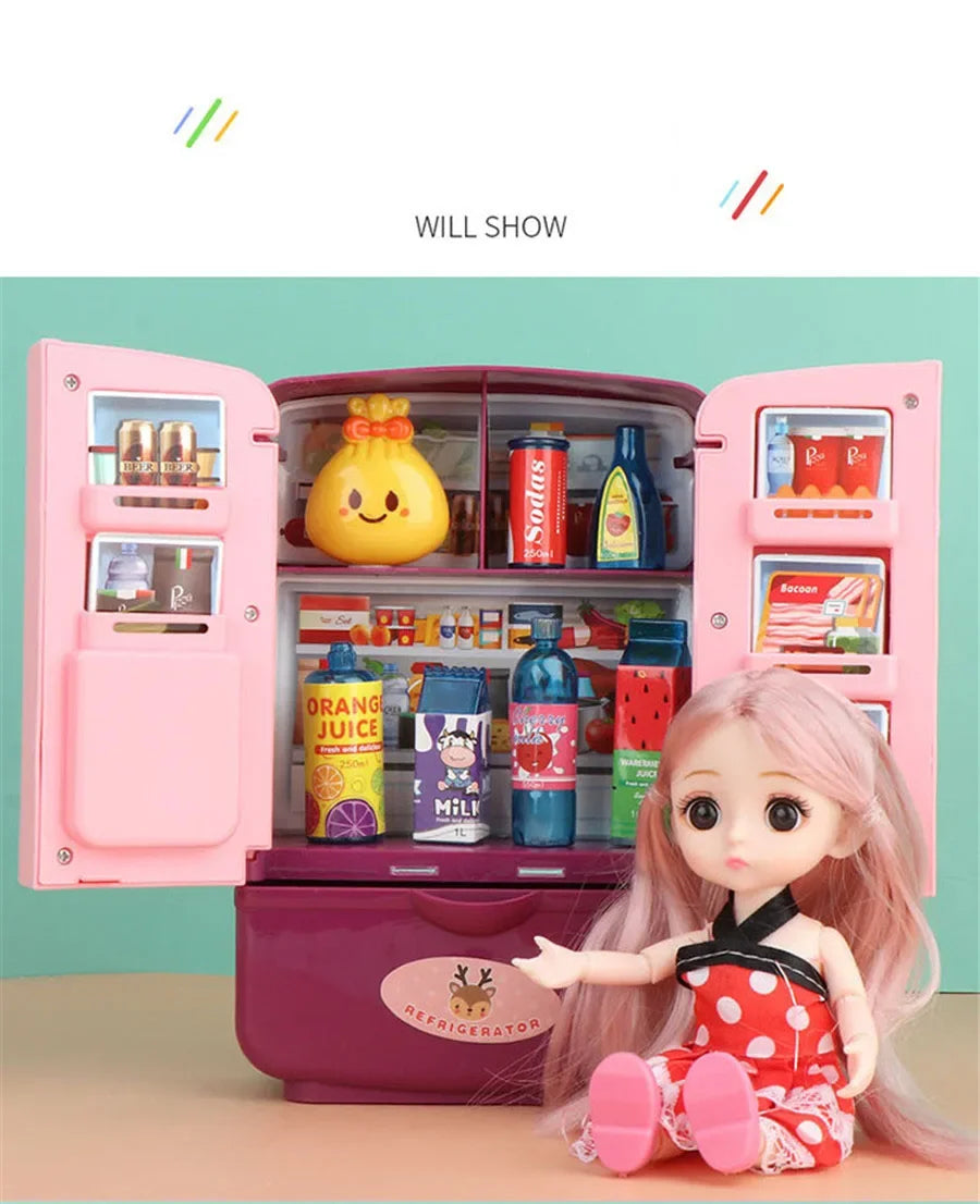 Kids Toy Fridge Mini Double Door Refrigerator Baby Toys Furniture Simulation Pretend Play Kitchen Toys Accessories Role Play