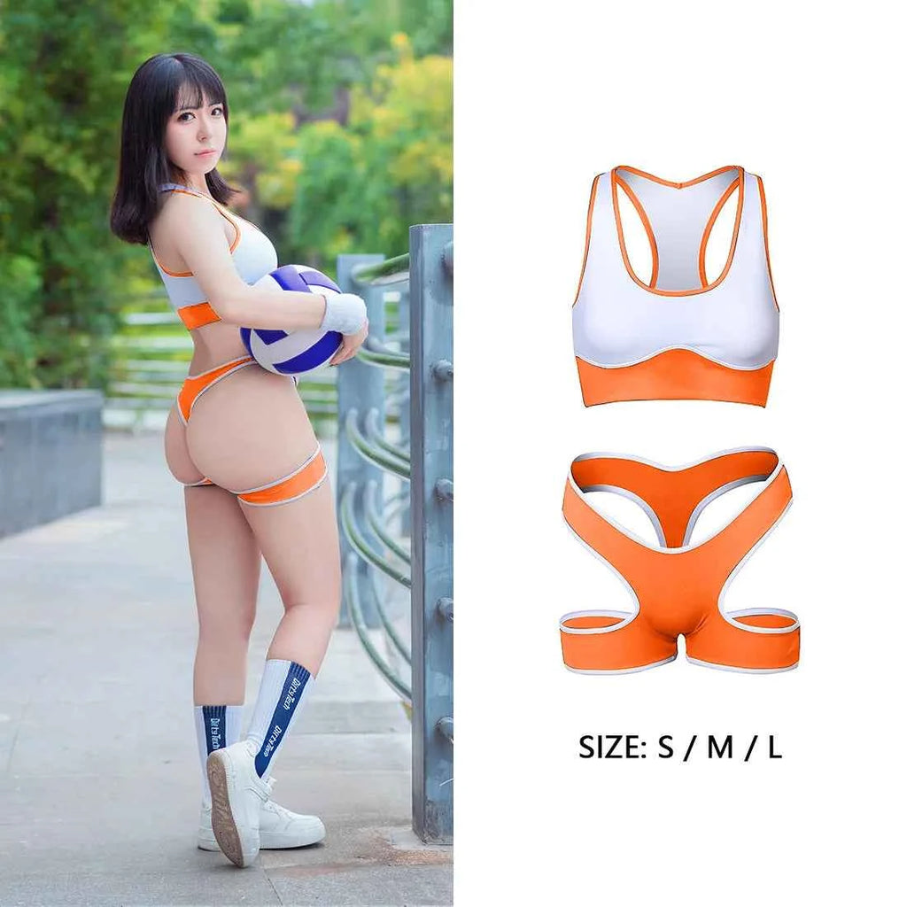 Sexy Cute Pure Desire Bra Set Girl Cheerleading Sports Underwear Lingerie Student Cosplay Costumes Hollow Split Swimsuit Bikini