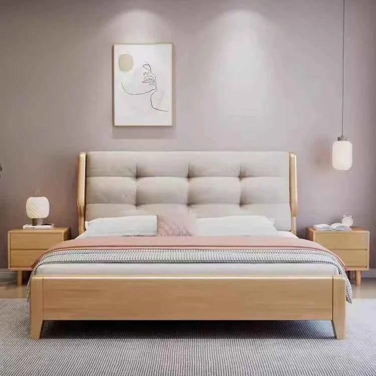 Home Furniture Bedroom Heavy Duty Wood Platform Dormitory Bed with Wood Headboard, Modern Double Bed Frame