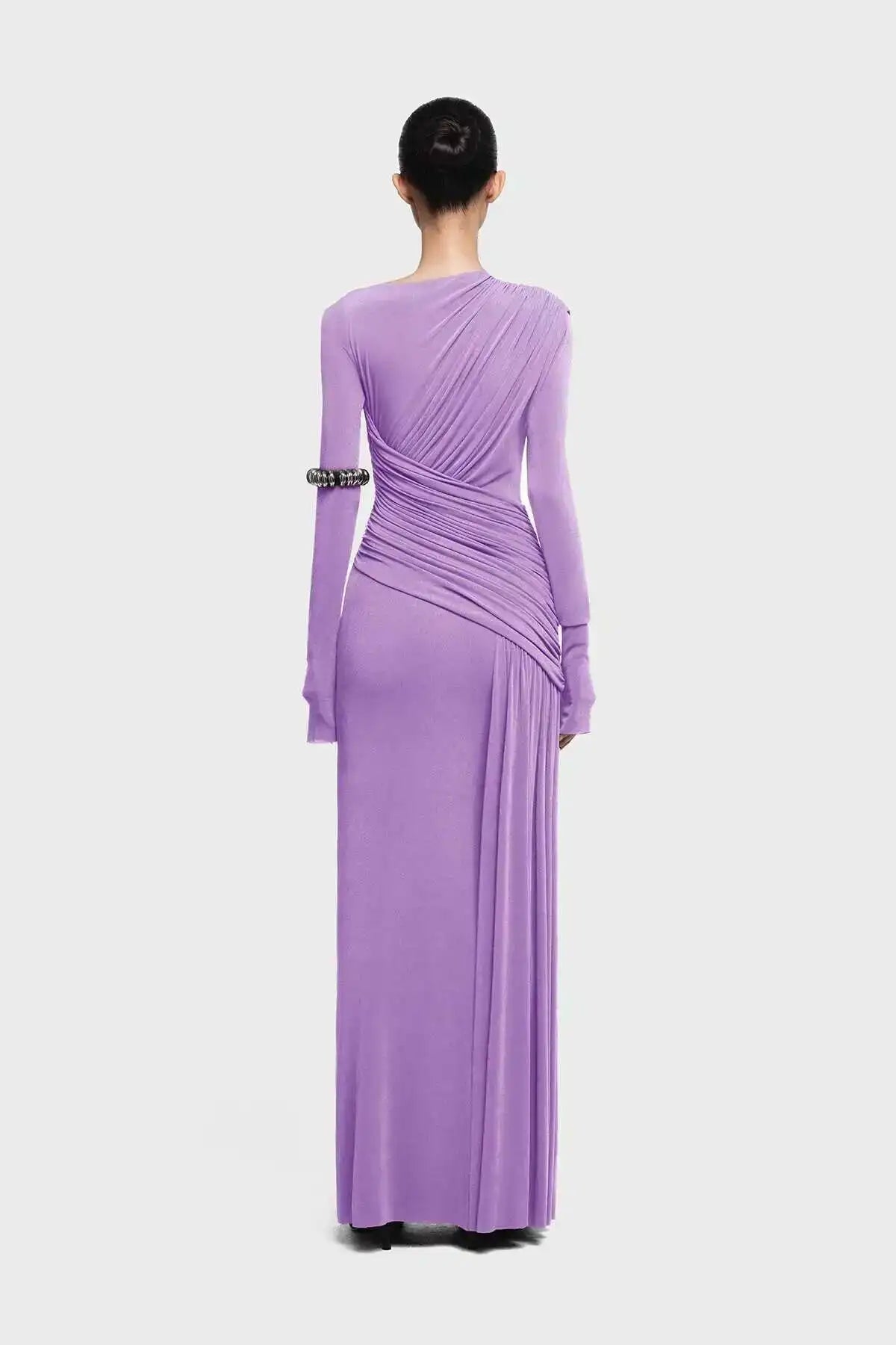 QMQA Fashion Women's Asymmetric Pleated Elegant Dress Solid Color Long Sleeve High Waist Slimming Party Dresses 2025 New QM519