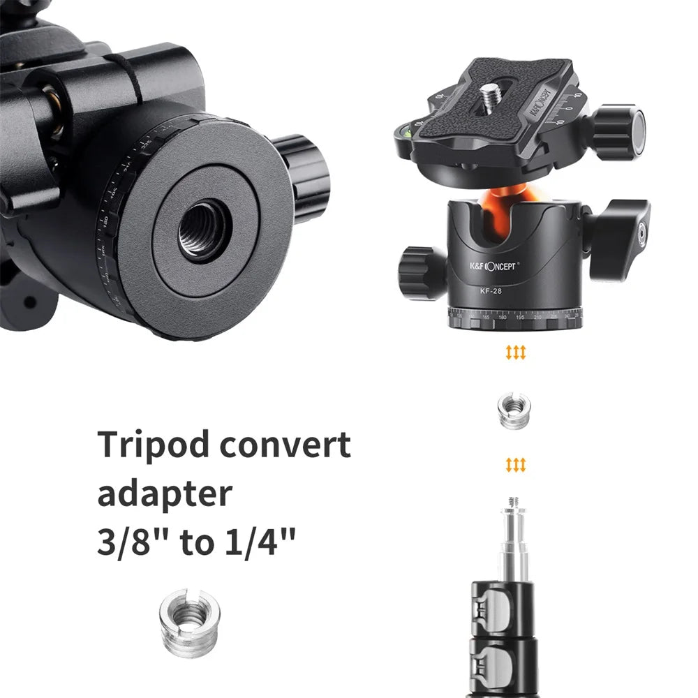 K&F CONCEPT Professional Tripod Ball Head 360° Rotation Panoramic 1/4" to 3/8" Srew Adapters BallHead for Tripod Monopod Camera