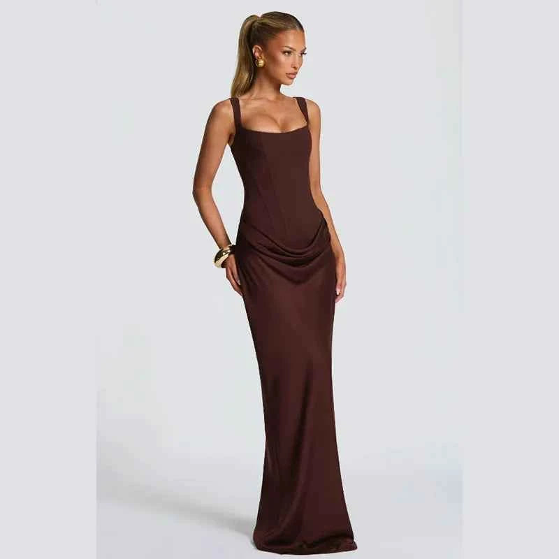 Yellow Strapless Pleated Dress Women Elegant Sexy Sleeveless Waist Cinching Split Maxi Gowns 2026 Lady New Evening Party Dresses