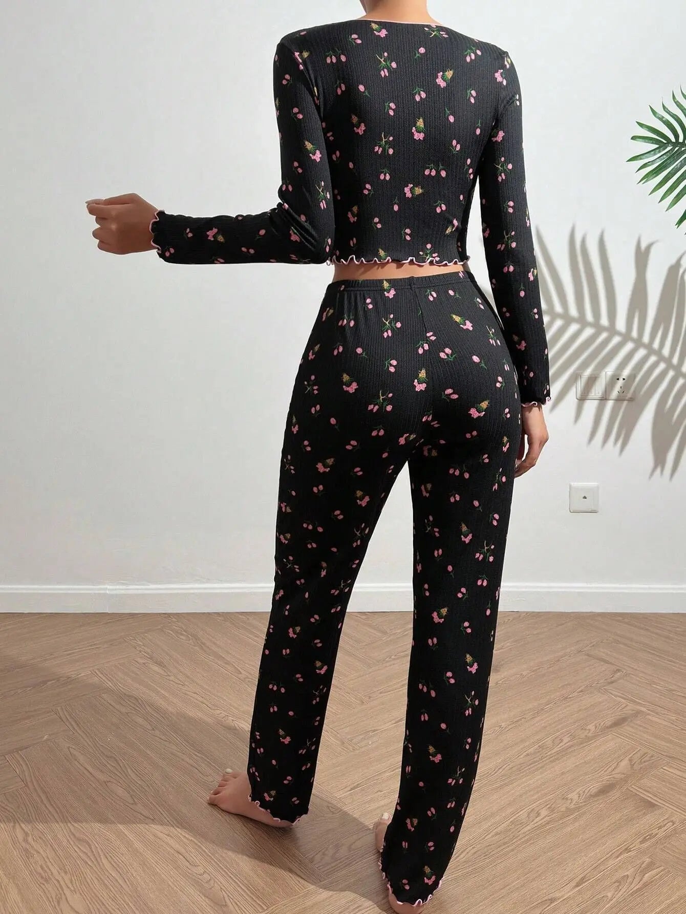 Y2K Cute Floral Ribbed Pajama Set Womens Long Sleeve V Neck Two Piece Sleepwear Homewear Autumn Winter Bow Lettuce Trim New Hot