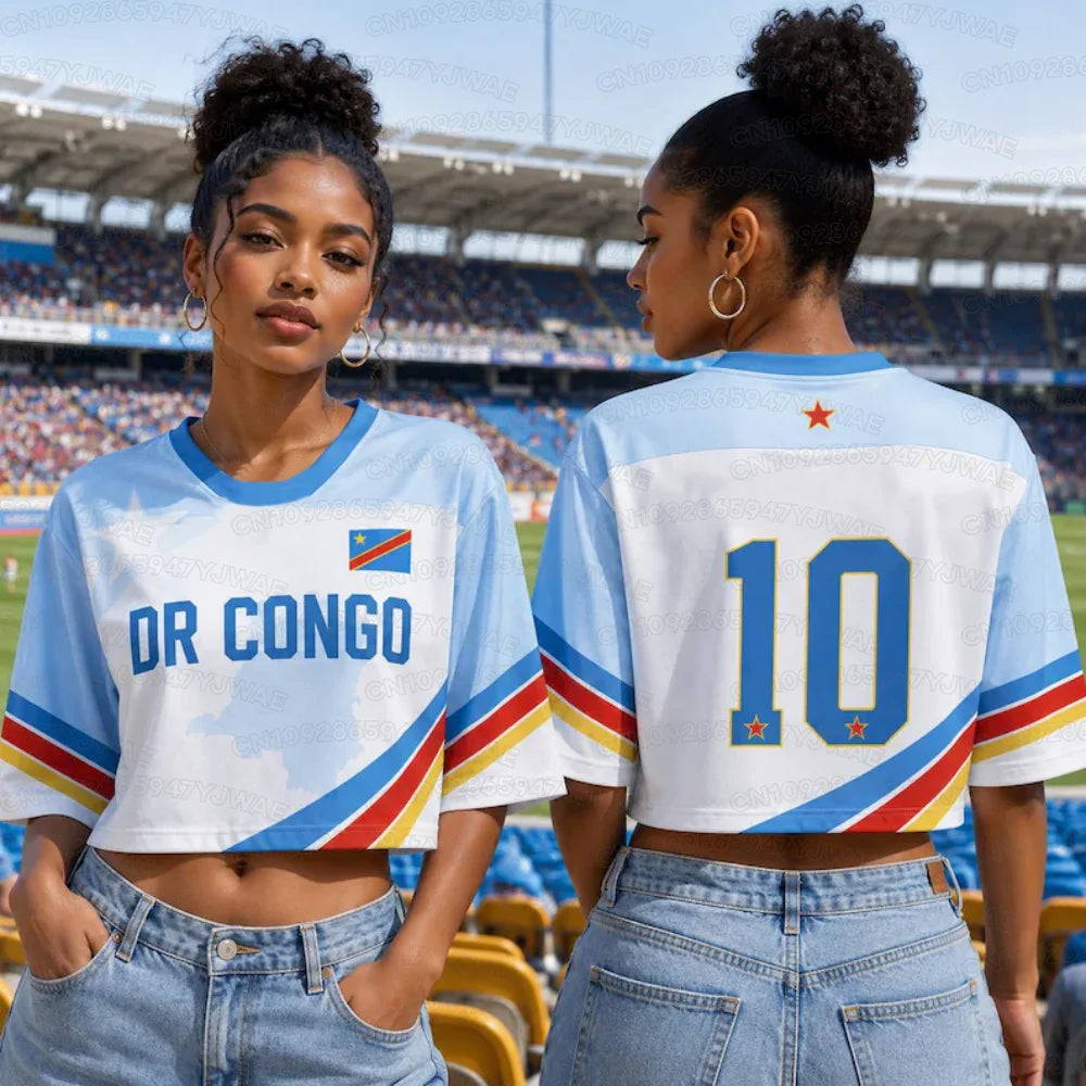 Summer 2026 New Women's  Dr Congo Print Football Jersey Round Neck Short Sleeve Jersey Cheerleaders Crop Top T-shirt