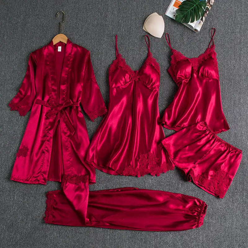 Customizable Sleepwear Female 5PCS Pajamas Set Satin Pyjamamas Lace Bridal Wedding Nightwear Rayon Home Wear Nighty&Robe Suits