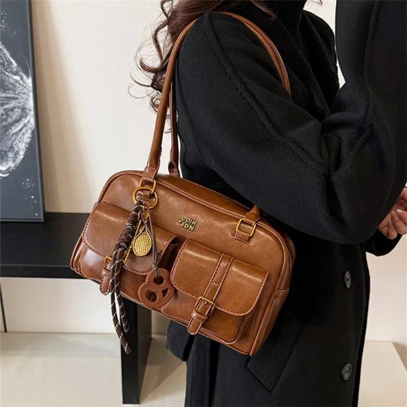 Women Multi Pocket Shoulder Tote Bag with Golden-Tone Hardware & Letter, Stylish Handbag Purse for Travel, Work, Shopping, Dates