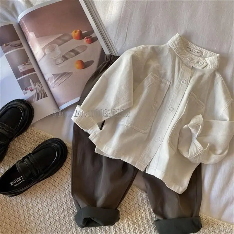 Baby Shirt New Band Collar Cotton Long Sleeve Shirt Coat Boys Girls Tops Clothes