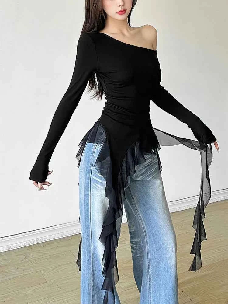 Lace Ruffles Tassel Off shoulder Long sleeve T shirt Women Sweet Gentle Basic Top Tees Shirt Sexy 2025 New