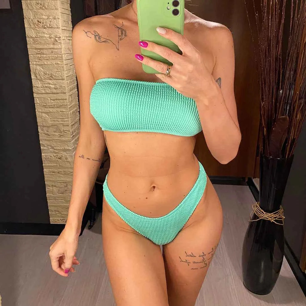 Bandeau Wrinkled Crinkled Bikini Female Swimsuit Women Swimwear Two-pieces Bikini set High Cut Bather Bathing Suit Swim V3314