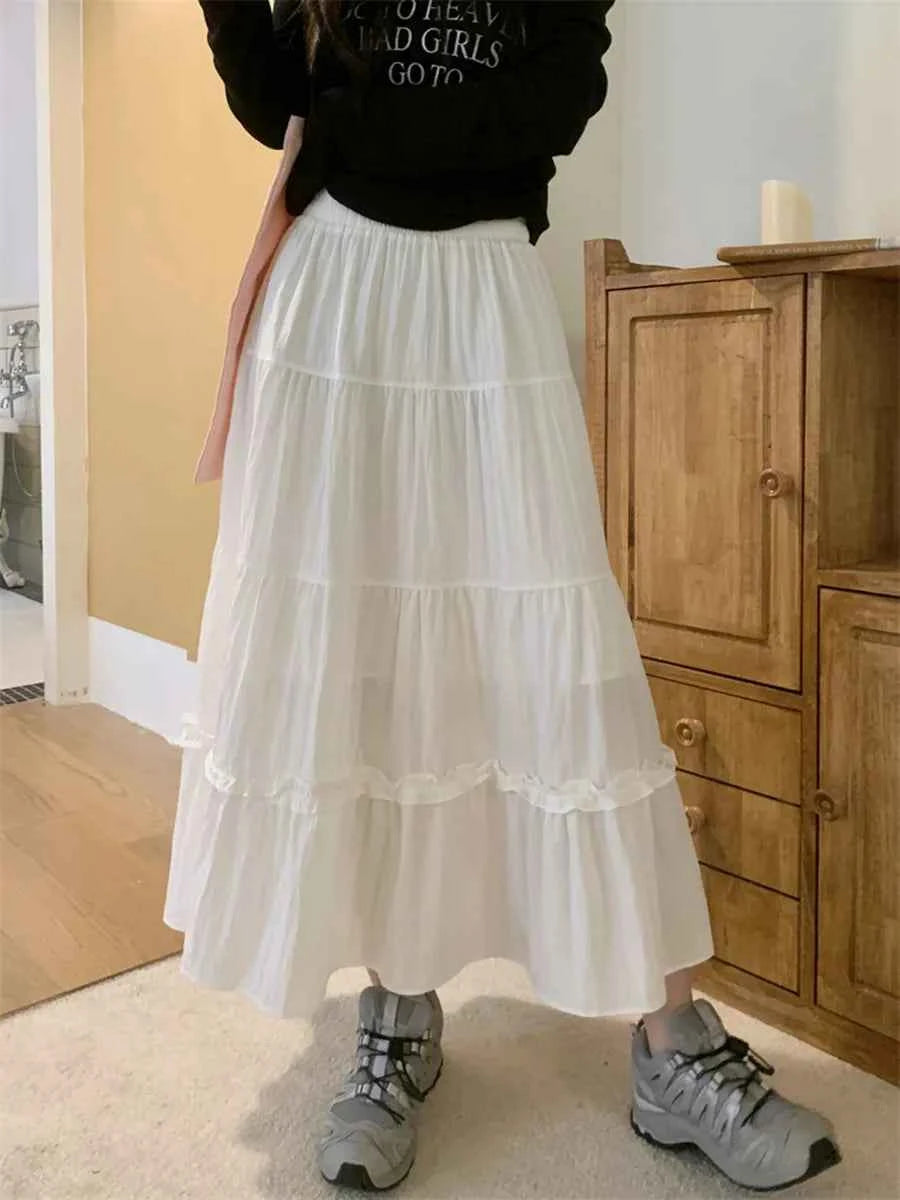 Matching Chic lady's white skirt sweet girls cake skirt elastic waist a line mid length flare skirt