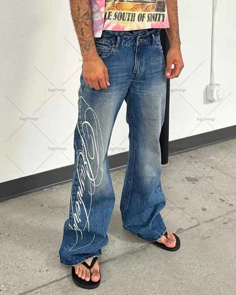 Street Retro Harajuku Y2K Jeans Women High Street Trendy Vintage Clothing Hip-hop Punk Casual Blue Denim Micro-flare Pants