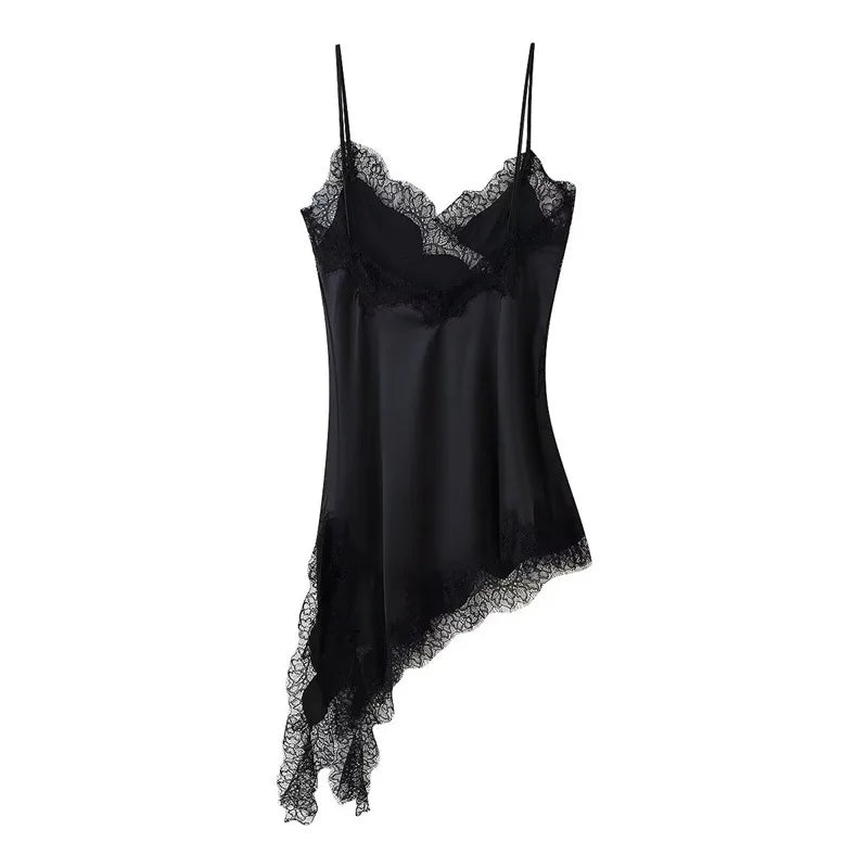 New Lace Mini Spaghetti Strap Dress For Women Irregular Backless Slit Sexy Evening Party Dress Female High Waist Bottom Dresses