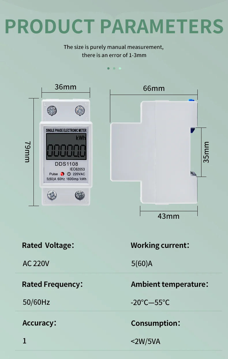 LCD Digital Display Power Consumption Meter Single Phase Energy Meter Watt Wattmeter kWh 230V AC 50Hz 60A Electric Din Rail
