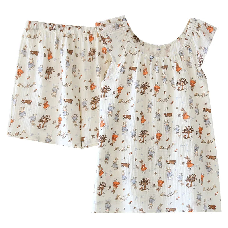 2025 Women's New Summer Pajama Set 100% Cotton Crepe Vest+Shorts Two Piece Loose Home Clothing Set Sleepwear Ladies