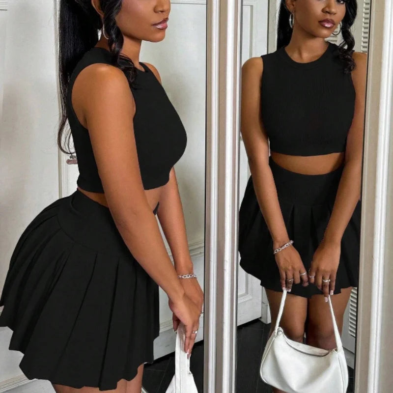 Women Summer Sleeveless Pleated Skirt Suits Slim Tank Tops High Waist Mini Skirts Fashion Sexy 2pcs Sets Lady Elegant Clothes