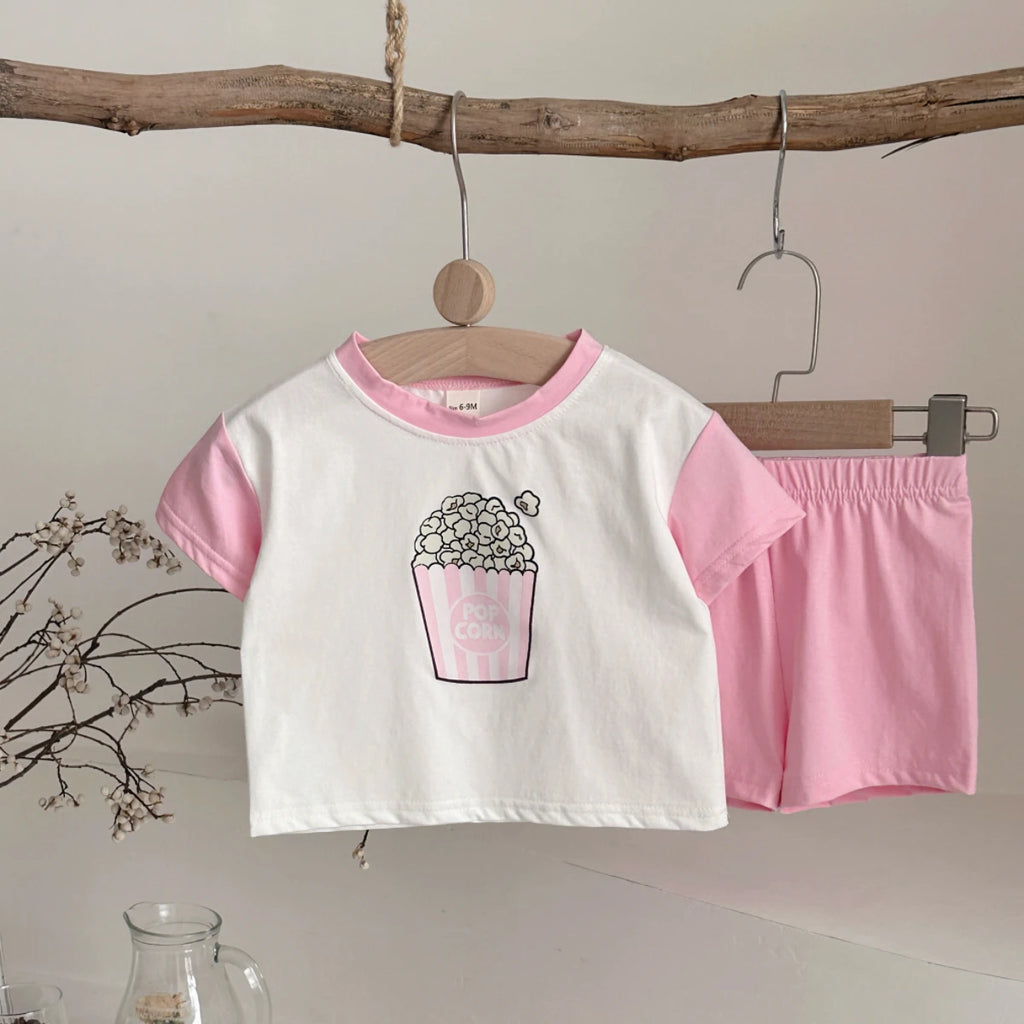 Infant 2PCS Summer Baby Girls Clothing Casual Newborn Set Cotton Popcorn Printed Short Sleeved T-shirt+Shorts