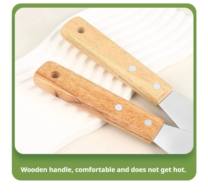 1PC Stainless Steel Fish Frying Shovel with Wooden Handle Fan-shaped Shovel Household High-temperature Frying Shovel