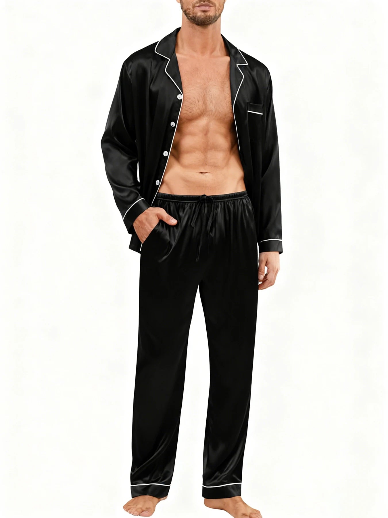 Men's Luxury Pajama Set with Contrast Trim Long Sleeve and Pockets Pants Comfortable Loose-Fit Pajamas for Men Sleepwear Sets