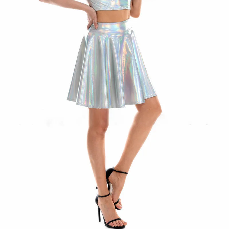 Women Summer Sexy Laser Skirts Mini PU Leather Club Party Dance Shiny Holographic Skirts Harajuku JK Metallic Pleated Skirts