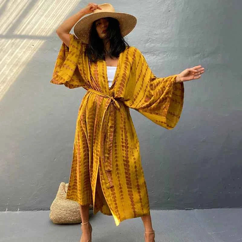 Long Kimono Swimsuit Cover up for Women Stylish Tie Dye Open Front Beach Outfits Bathing Suit