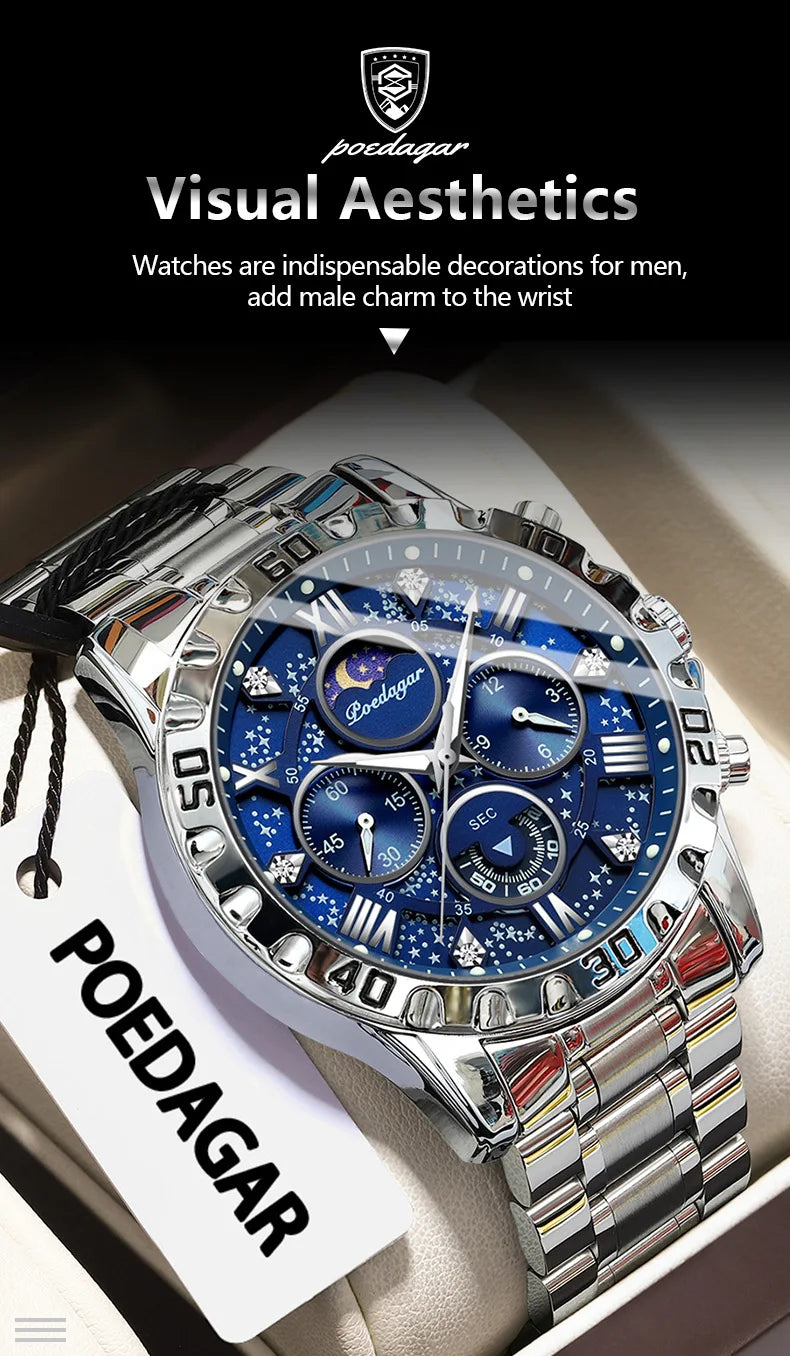 POEDAGAR Luxury Fashion Man Watch Waterproof Luminous Chronograph Men Watch Stainless Steel Sports Military Quartz Men's Watches