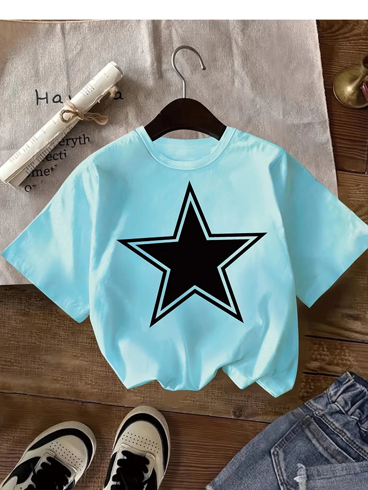 Kids Black Star Graphic T-Shirt, Soft Cotton, Minimalist Casual Wear for Boys & Girlstk0118