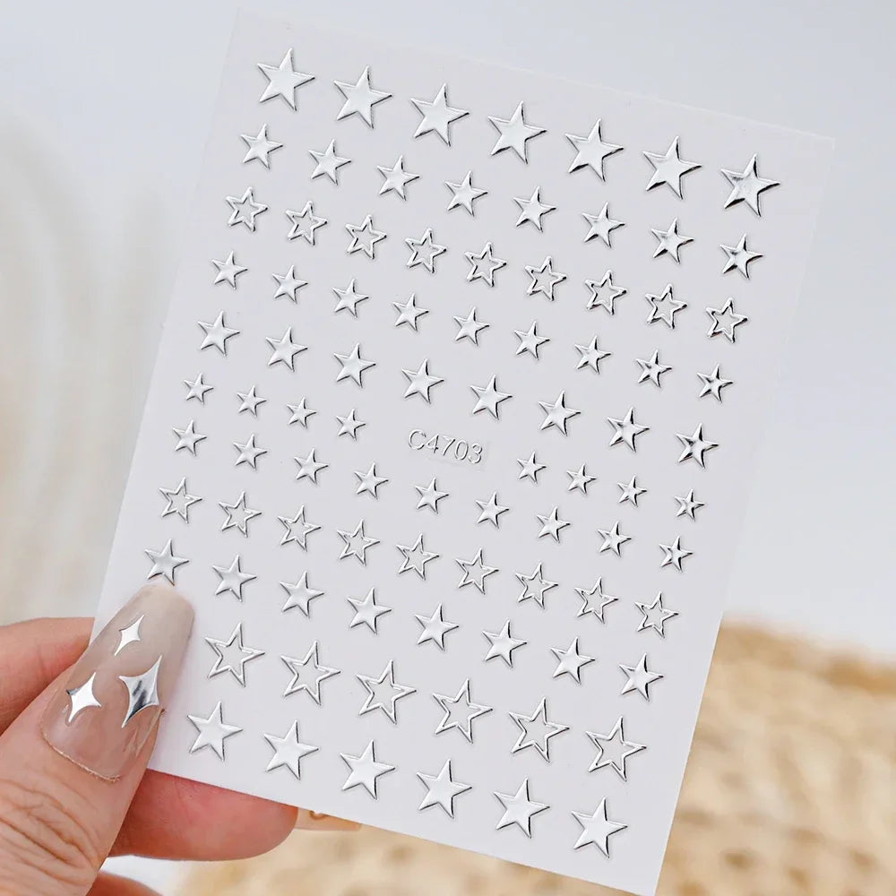 Metallic Silver 3D Star Chain Heart Nail Stickers 6 Sheets Self Adhesive Decals Professional Salon DIY Gel Nail Art Supply