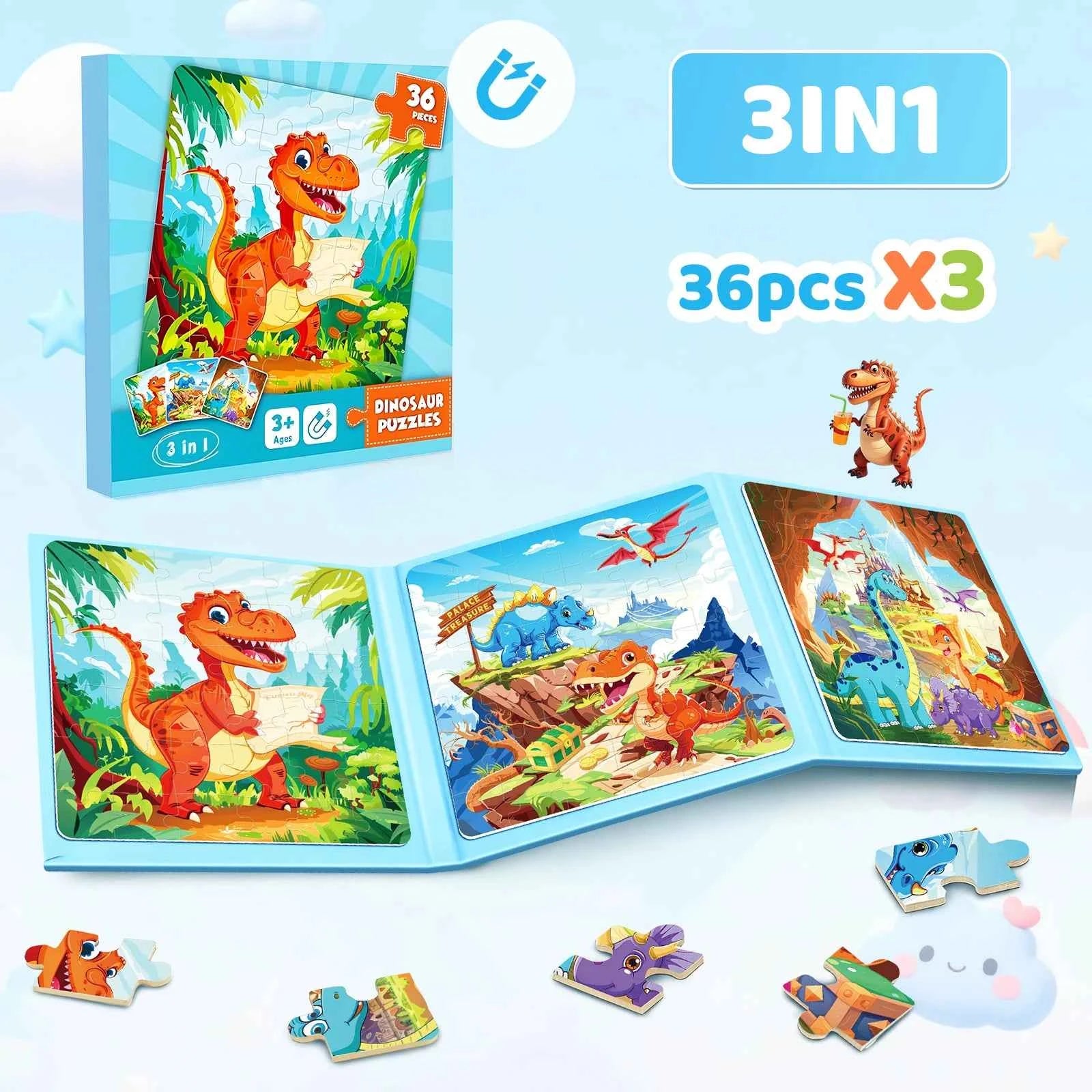 Dinosaur Magnetic Jigsaw Puzzles for Kids 3 In 1 Travel Puzzles Toys Montessori Educational Games Girls Boys Birthday Gifts