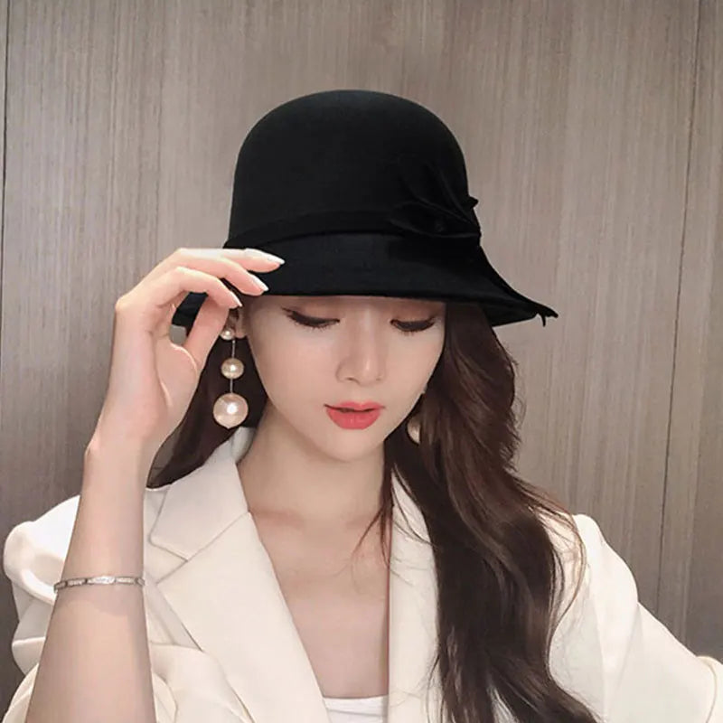 Women Elegant Wool Felt Fedoras Hat Autumn Winter Warm Solid Color Bow Bucket Dome Cap Ladies Fashion Retro Church Top Hats