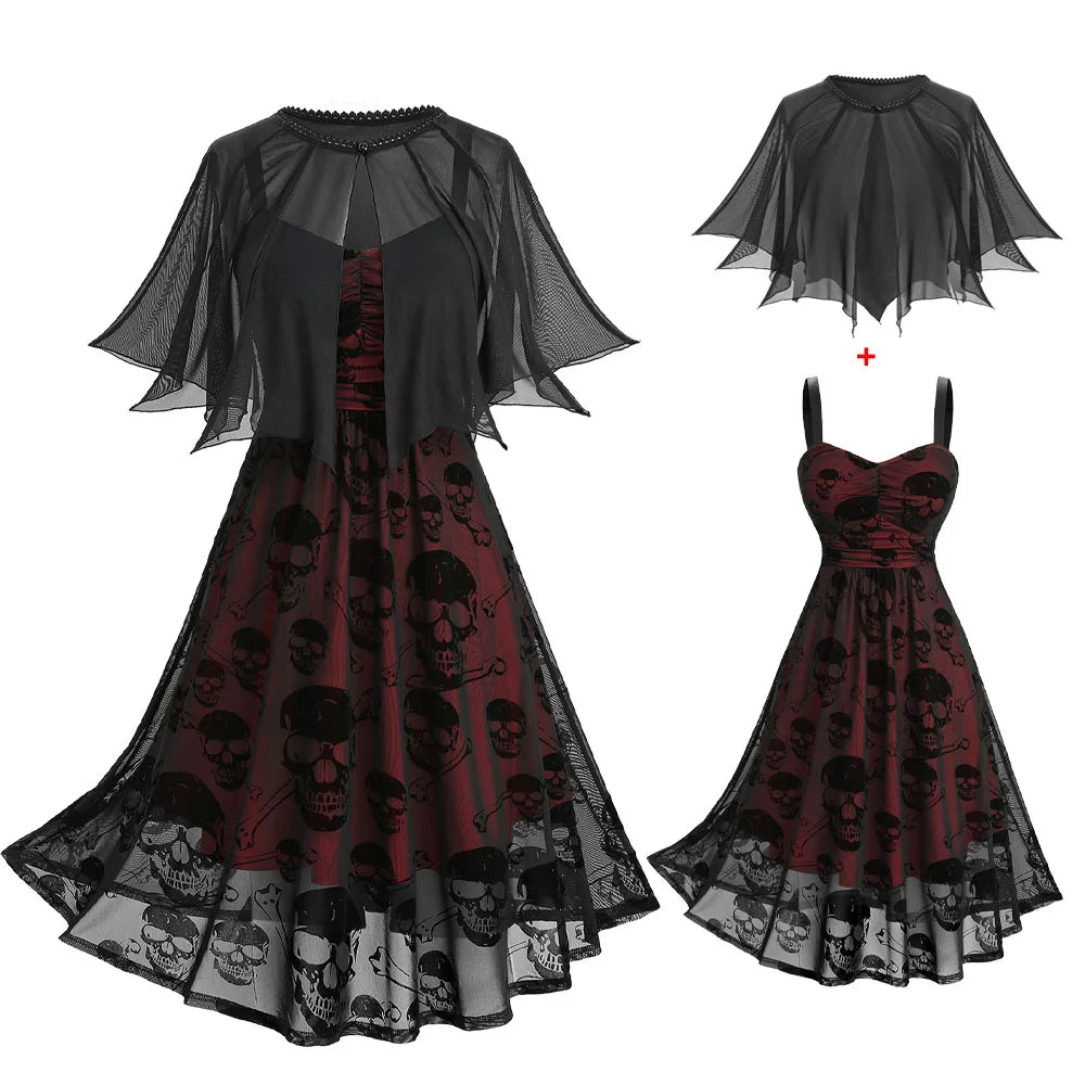 Plus Size Women's Casual Dresses Skull Flocking Mesh Ruched Tank Dress With Lace Trim Button Cover Cape