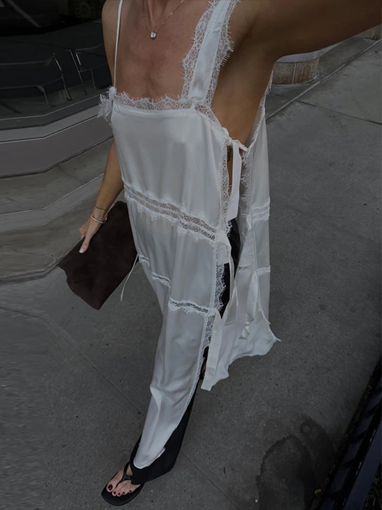 Sexy Solid Lace Patchwork Women's Dress Sleeveless Sling High Split Hollow Out Lady Dresses 2026 Summer Vacation Female Robe