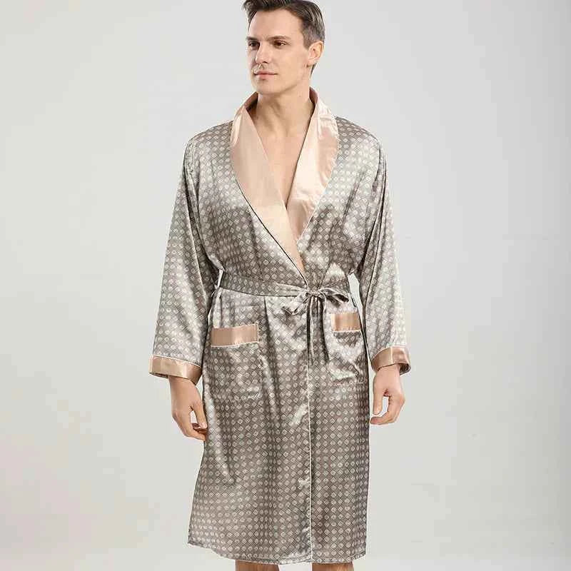 Plus Size 3XL 4XL 5XL Men Robe Sleepwear Navy Blue Stripe Kimono Bathrobe Gown with Pocket Summer Satin Home Clothes Lounge Wear