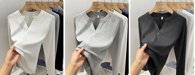 2026 Women's Basic Style Slim Fit V-Neck Long Sleeve T-Shirt Korean Style Versatile Simple Base Layer Top Casual Tee for Women
