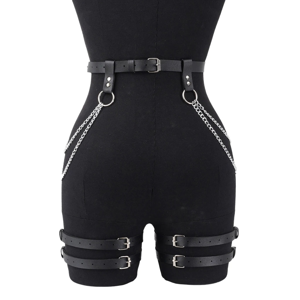 Harness PU Leather Women Chain Tassel Waist To Thigh Harness Punk Gothic Adjustable Body Accessory For Rave Party Festival Outfi