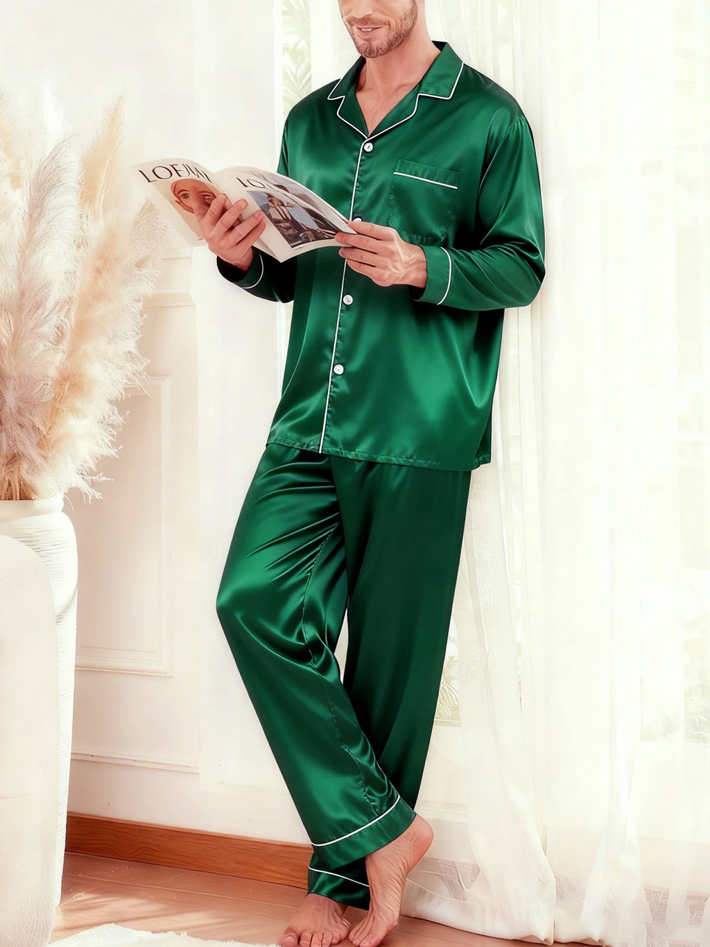 Men's Luxury Pajama Set with Contrast Trim Long Sleeve and Pockets Pants Comfortable Loose-Fit Pajamas for Men Sleepwear Sets
