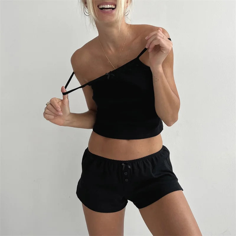 Xingqing Loungewear Women Set y2k Aesthetic Clothes Lace Trim Sleeveless Crop Top with Shorts 2000s Pajamas Night Sleepwear