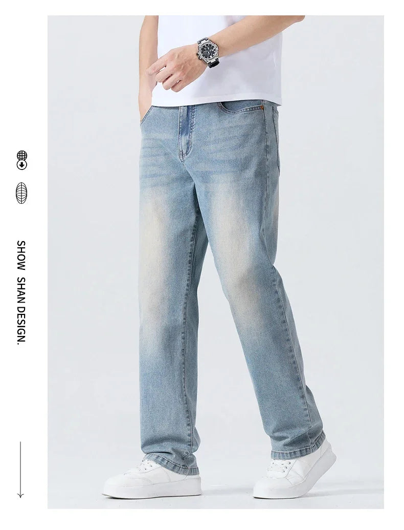 Men's Summer Thin Comfortable Jeans, Fashionable and Breathable Business Straight Pants, Loose Retro Casual Denim Trousers