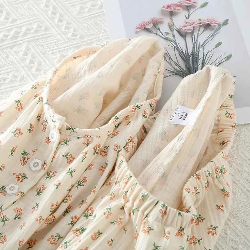2023Women's Pajamas Pure Cotton Women's Long sleeved Pants Round Neck Loose Homewear Small Fower Print Baby Cotton Sleepwear Set