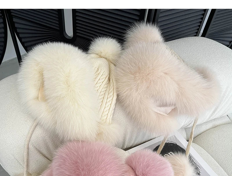 Winter Women Real Fox Fur Hat Fashion Casual Outdoor Warm Knitted Hats Girl Lovely 100% Natural Fox Fur Ear cap bomber caps