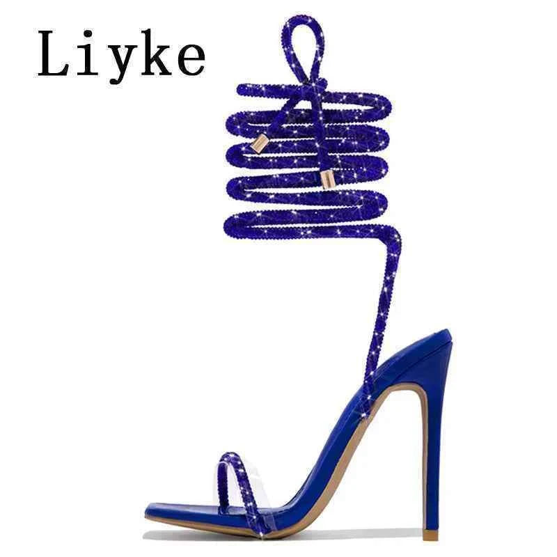 Liyke Fashion Glitter Rhinestones Women Sandals Crystal Ankle Strap High Heels Party Prom Shoes Lady Wedding Stiletto Sandalias