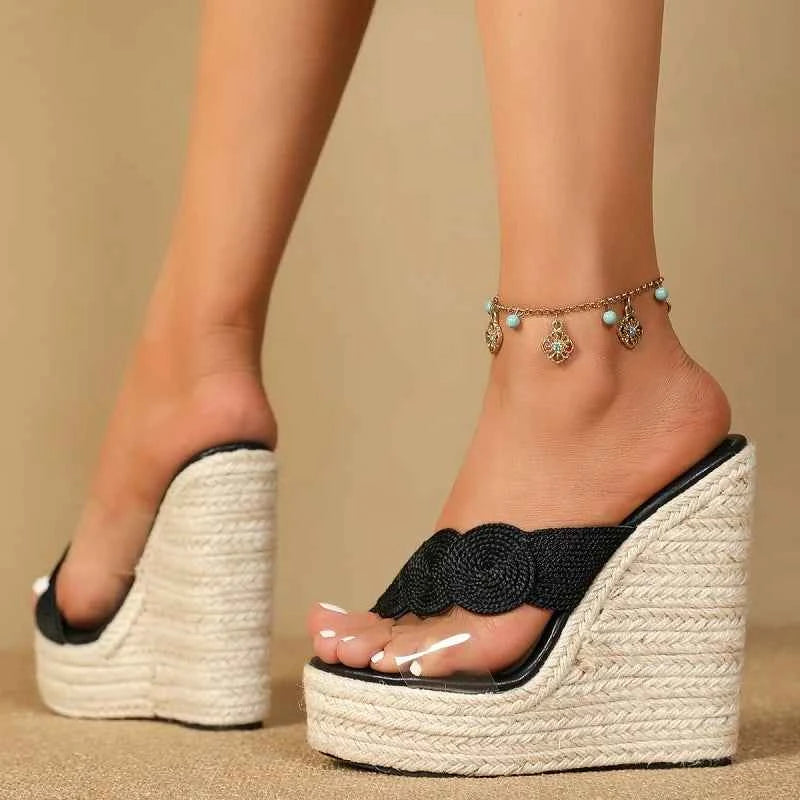 Eilyken Summer Street Style Cane Weave Platform Wedges Slippers Sandals Women Fashion High Heels Female Shoes Zapatos Mujer
