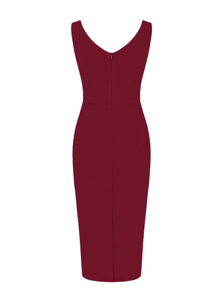 Tonval Sweetheart Neck Sleeveless Office Midi Pencil Dresses for Women 2023 Vintage Red Solid Elegant Slim Bodycon Dress