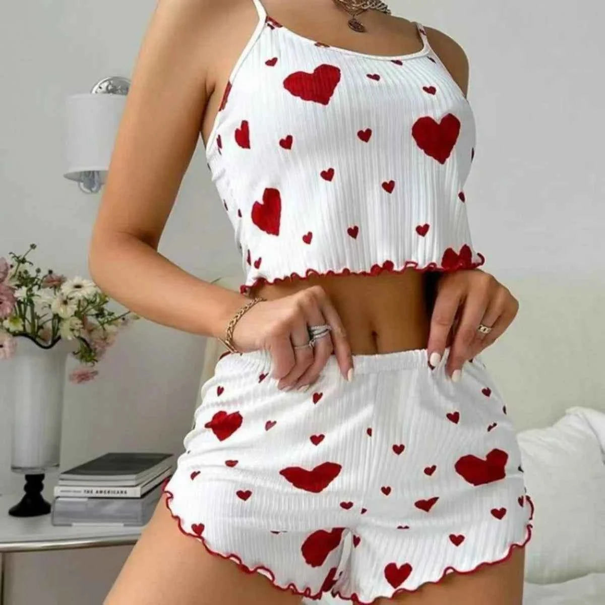 Heart Print 2PCS Home Suit Women's Suspender Shorts Casual Fashion Nightwear Female pajamas Lightweight Love Sleepwear
