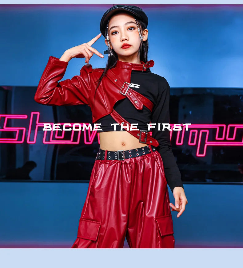 Kid Hip Hop Clothing T Shirt Crop Top Wine Red Arm Sleeve Faux Leather Casual Cargo Pants for Girl Jazz Dance Costumes Clothes