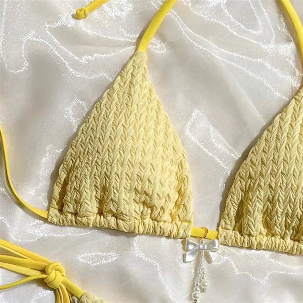 Yellow Halter String Triangle Micro Bikini Thong Solid Swimwears Bow Pearl Sexy Swimsuit Women Bathing Suit Bikinis Sets 2026